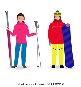 Winter sport people. Man with a snowboard and woman with skis isolated on a white background. Couple of male and female sportsmen. Flat style vector illustration.