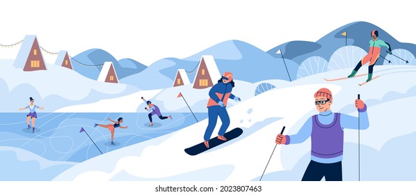 Winter Sport. People Ski And Snowboard On Snow Slope, Athletes In Sportswear Train At Rink, People On Ice Active Poses Figure Skating, Village Landscape. Vector Concept