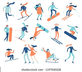 Winter sport people. Sportsman on snowboard, skis or ice skates. Snowboarding, skiing and skating sports. Snowboarder jump, healthy family holiday vacation isolated flat vector isolated icon set