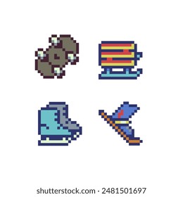 Winter sport pixel art style icons set, emoji. 8-bit sprite. Design for logo game, sticker, web, mobile app, badges and patches. Isolated vector illustration. Game assets.