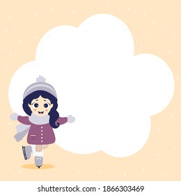 Winter sport postcard. A cute girl in winter clothes is skating. Pink background with snow and Place a cloud for writing text.Vector illustration. Childrens collection. Flat design