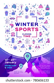 Winter sport poster  Contest closing time  Snowboarding flyer Snow camp card  Winter sport line art icons  Vector flat illustration A4 size