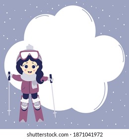 Winter sport poster and man. Cute girl is skiing. Blue background with snow and a cloud for writing text. Vector illustration for design, postcards and notes, cover and design