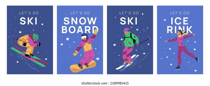 Winter sport posters. People snowboarding. Downhill skiing and ice skating. Athletes characters. Outdoor activities. Cold season leisure. Skiers and snowboarders. Garish