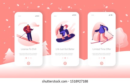 Winter Sport and Recreation Lifestyle Mobile App Page Onboard Screen Set. Athlete People Skiing and Snowboarding. Sports Activity Concept for Website or Web Page. Cartoon Flat Vector Illustration