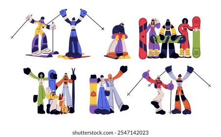 Winter sport. Rider ski, board and snowboard. Happy character on mountain. People in sports clothes on snow. Active hobby during holidays. Extreme activity. Vector cartoon flat isolated illustration