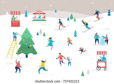 Winter Sport Scene, Christmas Street Event, Festival And Fair, With People, Families Make Fun