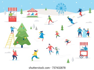 Winter sport scene, Christmas street event, festival and fair, with people, families make fun