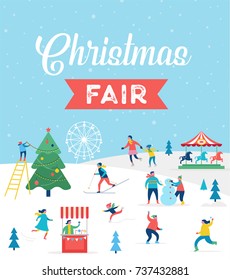 Winter sport scene, Christmas street event, festival and fair, with people, families make fun