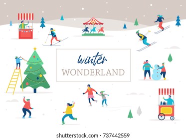 Winter sport scene, Christmas street event, festival and fair, with people, families make fun