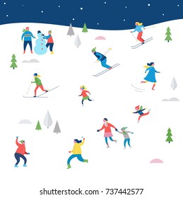 Winter sport scene, Christmas street event, festival and fair, with people, families make fun