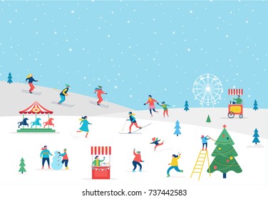 Winter sport scene, Christmas street event, festival and fair, with people, families make fun