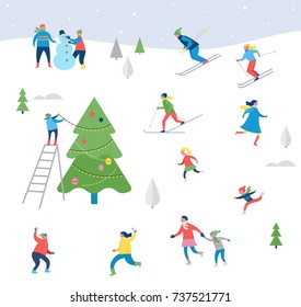 Winter sport scene, Christmas street event, festival and fair, with people, families make fun