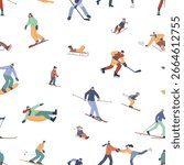Winter sport seamless pattern. Adults children sledding skiing skates. Outdoor seasonal activities characters. Stylish print design, vector background