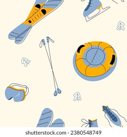 Winter sport seamless pattern with skates, mountain skis, tube, poles and protective mask. Blue and yellow background in hand drawn flat style. Vector illustration.