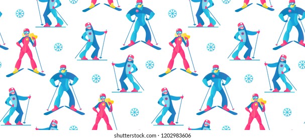 Winter Sport Seamless Pattern. Skiers and Snow. Vector illustrtion