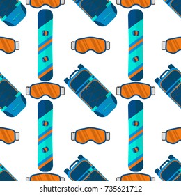 Winter sport seamless pattern. Skiing and snowboarding set equipment isolated on white background in flat style design for decorative wallpaper, printing, backdrop, scrapbook.