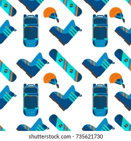 Winter sport seamless pattern. Skiing and snowboarding set equipment isolated on white background in flat style design for decorative wallpaper, printing, backdrop, scrapbook.