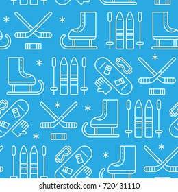 Winter sport seamless pattern. Thin line icon of outdoor season activity like hockey, skating, sledding, snowboarding. Vector illustration