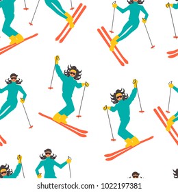 Winter sport seamless pattern. Women skiing downhills. Hand drawn vector.