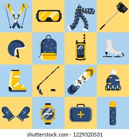 Winter sport set. Ski, snowboard, hockey, skates equipment. Vector illustration