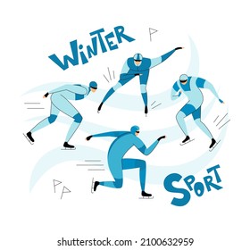 Wintersport. Kurze Strecke, verschiedene Posen eines Speed-Skating-Athleten, die Inschrift Wintersport. Vektorgrafik von Linienkunst und Flachstil auf weißem Hintergrund.