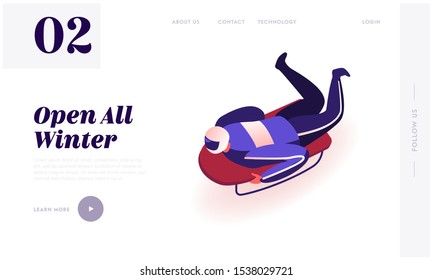 Winter Sport Skeleton Website Landing Page. Athlete Lying on Sledge Facedown Going Fast Downhills Snowy Track. Luger with Sport Equipment Competition Web Page Banner. Cartoon Flat Vector Illustration