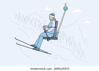 Winter sport and Ski lift concept. Positive young woman skier riding up on ski lift to slide down slope in mountains outdoors enjoying winter vector illustration 