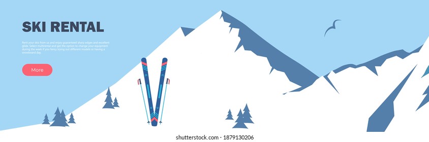 Winter Sport. Ski Rental horizontal banner. Vector illustration