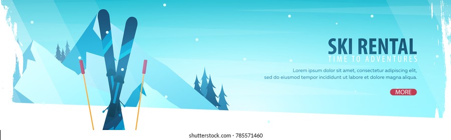 Winter Sport. Ski Rental horizontal banner. Vector illustration