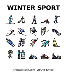 winter sport ski snow jump icons set vector. mountain snowboard, travel sky, white skier, slope extreme, speed active man athlete winter sport ski snow jump color line illustrations