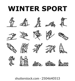 winter sport ski snow jump icons set vector. mountain snowboard, travel sky, white skier, slope extreme, speed active man athlete winter sport ski snow jump black contour illustrations