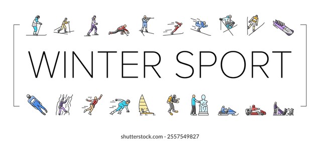 winter sport ski snow jump icons set vector. mountain snowboard, travel sky, white skier, slope extreme, speed active man athlete winter sport ski snow jump color line illustrations