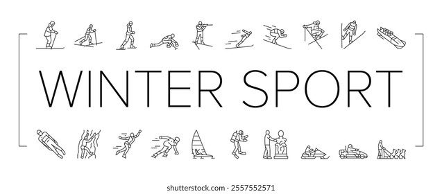 winter sport ski snow jump icons set vector. mountain snowboard, travel sky, white skier, slope extreme, speed active man athlete winter sport ski snow jump black contour illustrations