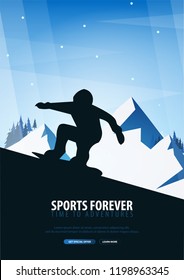 Winter Sport. Ski and Snowboard. Mountain landscape. Snowboarder in motion. Vector illustration