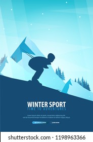 Winter Sport. Ski and Snowboard. Mountain landscape. Snowboarder in motion. Vector illustration