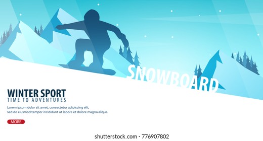 Winter Sport. Ski and Snowboard. Mountain landscape. Sportsman ski slope down. Vector illustration