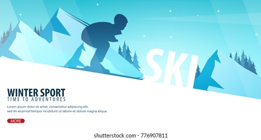 Winter Sport. Ski and Snowboard. Mountain landscape. Sportsman ski slope down. Vector illustration