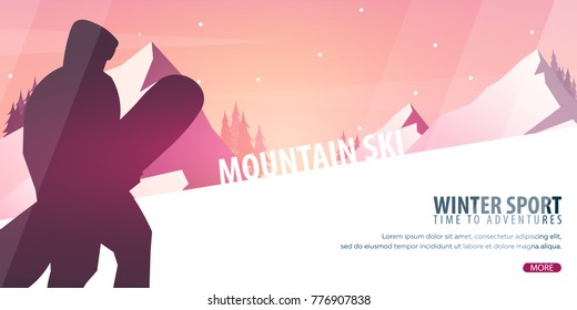 Winter Sport. Ski and Snowboard. Mountain landscape with snowboarder. Vector illustration