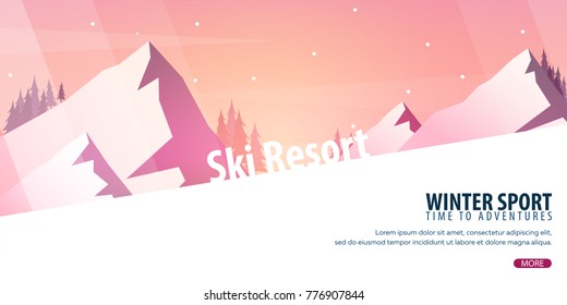 Winter Sport. Ski and Snowboard. Mountain landscape. Sportsman ski slope down. Vector illustration