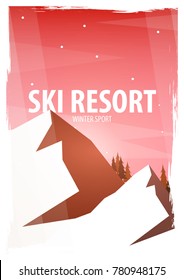 Winter Sport. Ski and Snowboard. Mountain landscape. Snowboarder in motion. Vector illustration