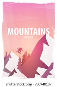 Winter Sport. Ski and Snowboard. Mountain landscape. Snowboarder in motion. Vector illustration