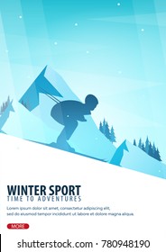Winter Sport. Ski and Snowboard. Mountain landscape. Snowboarder in motion. Vector illustration