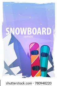 Winter Sport. Ski and Snowboard. Mountain landscape. Snowboarder in motion. Vector illustration