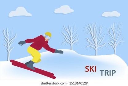 Winter sport. Skier, girl in a bright suit, helmet, snowdrifts, trees - illustration, vector. Winter ski trip.