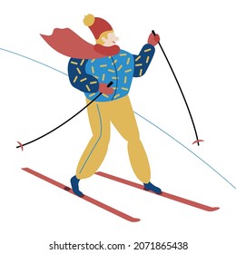 Winter sport and Skier.  A person is Skiing in the mountains in Winter-time day.  Ski and warm Sportswear. Man in winters clothes. Flat, vector cartoon illustration isolated on white background