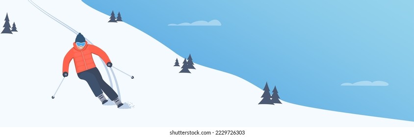 Winter Sport. The skier rushes down the slope. Winter holidays in the mountains. Alpine skiing. Vector illustration