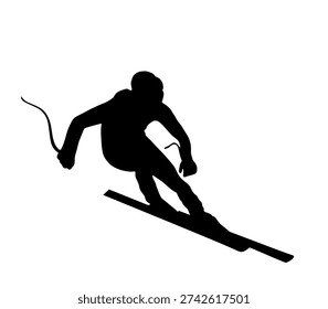 Winter sport skier vector silhouette illustration isolated. Skiing skills stunt extreme activity outdoor. Ski sport man silhouette action. Sportsman snow fast race shape shadow body figure. Brave boy.