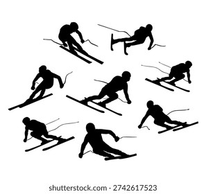 Winter sport skier vector silhouette illustration isolated. Skiing skills stunt extreme activity outdoor. Ski sport man silhouette action. Sportsman snow fast race shape shadow body figure. Brave boy.
