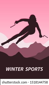 Winter sport. Skier, woman, silhouette, mountains - abstract background - illustration, vector Sports banner.